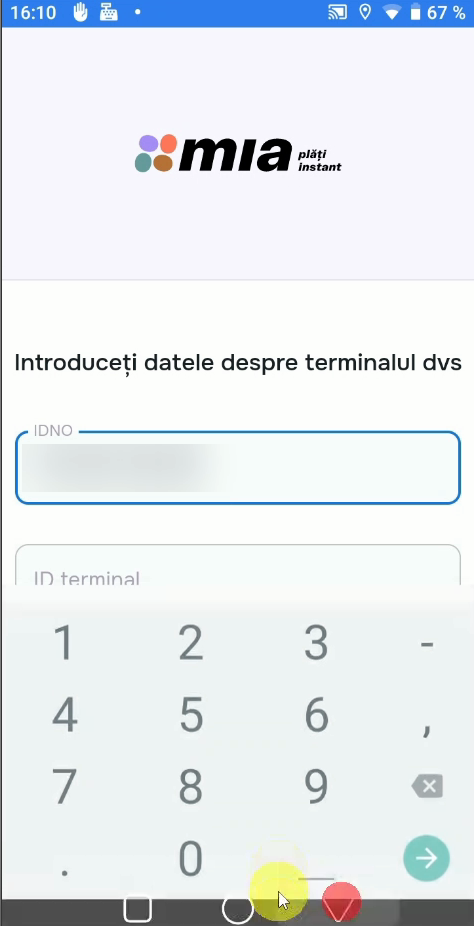 miaPos — entering IDNO with the numeric keypad