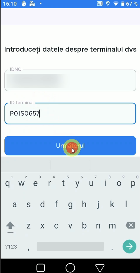 Form filled — IDNO and terminal ID, Următorul button active