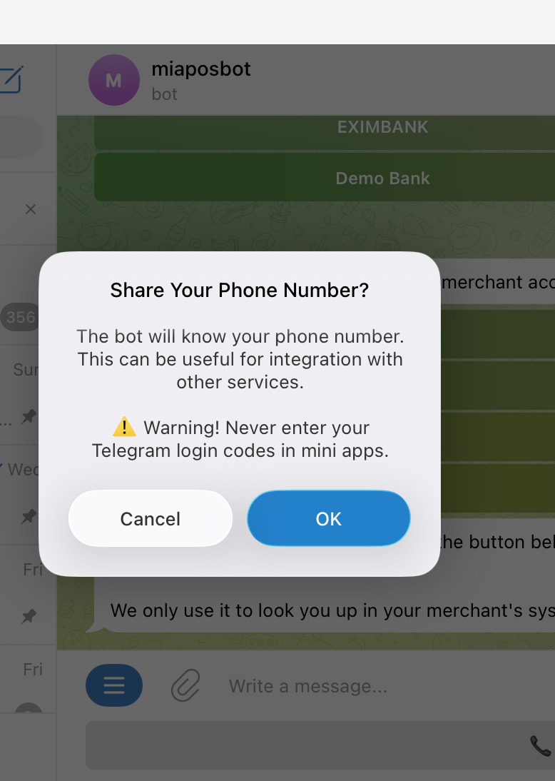Telegram-Systemdialog „Telefonnummer teilen“
