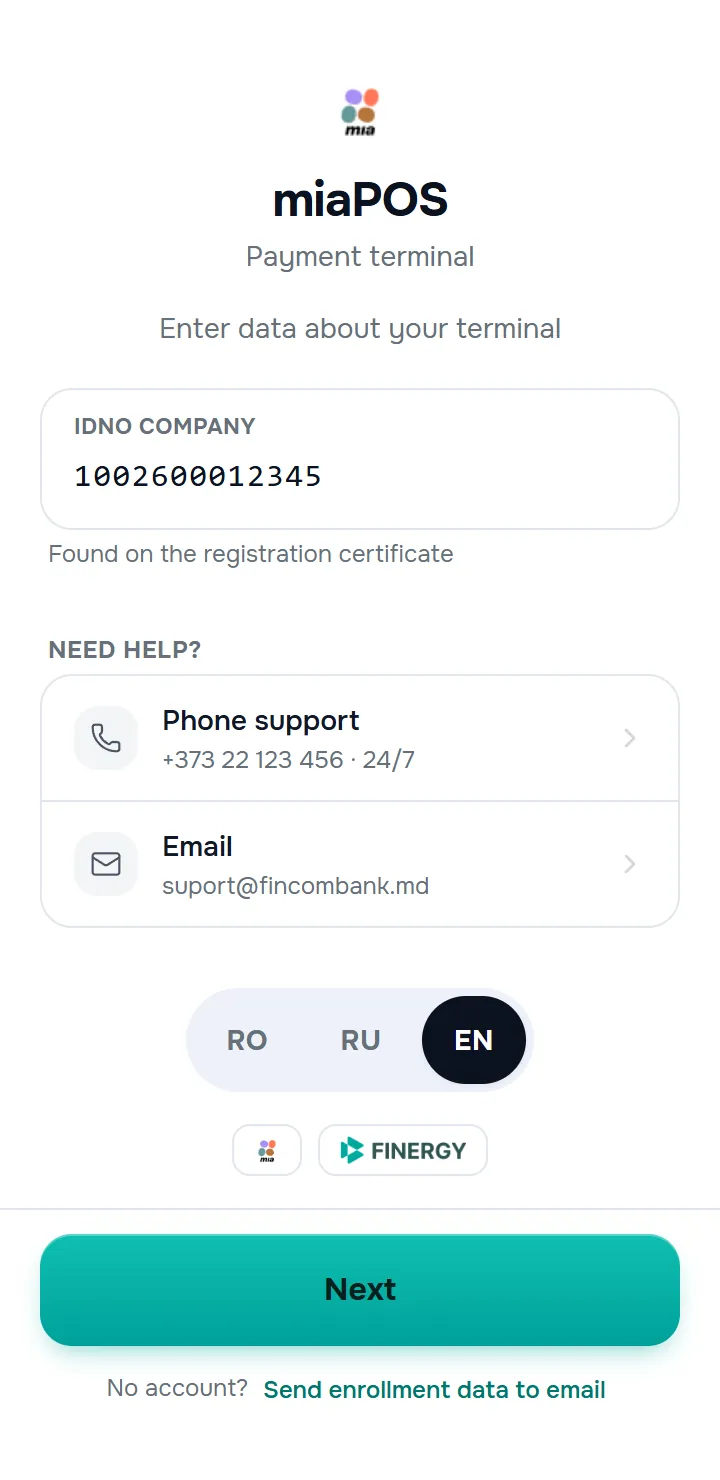 ecranul de activare cu câmpul „IDNO companie” completat, hintul „Găsiți pe certificatul de înregistrare”, butonul „Următorul” jos.