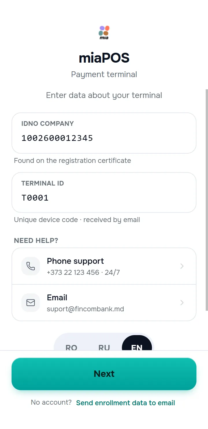 același ecran cu al doilea câmp „ID terminal” desfășurat, hintul „Cod unic al dispozitivului · primit pe email”.