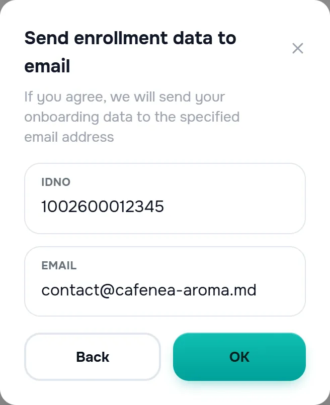 fereastra „Trimite datele de înrolare la email” cu câmpurile IDNO și Email, butoanele „Înapoi” / „OK”.