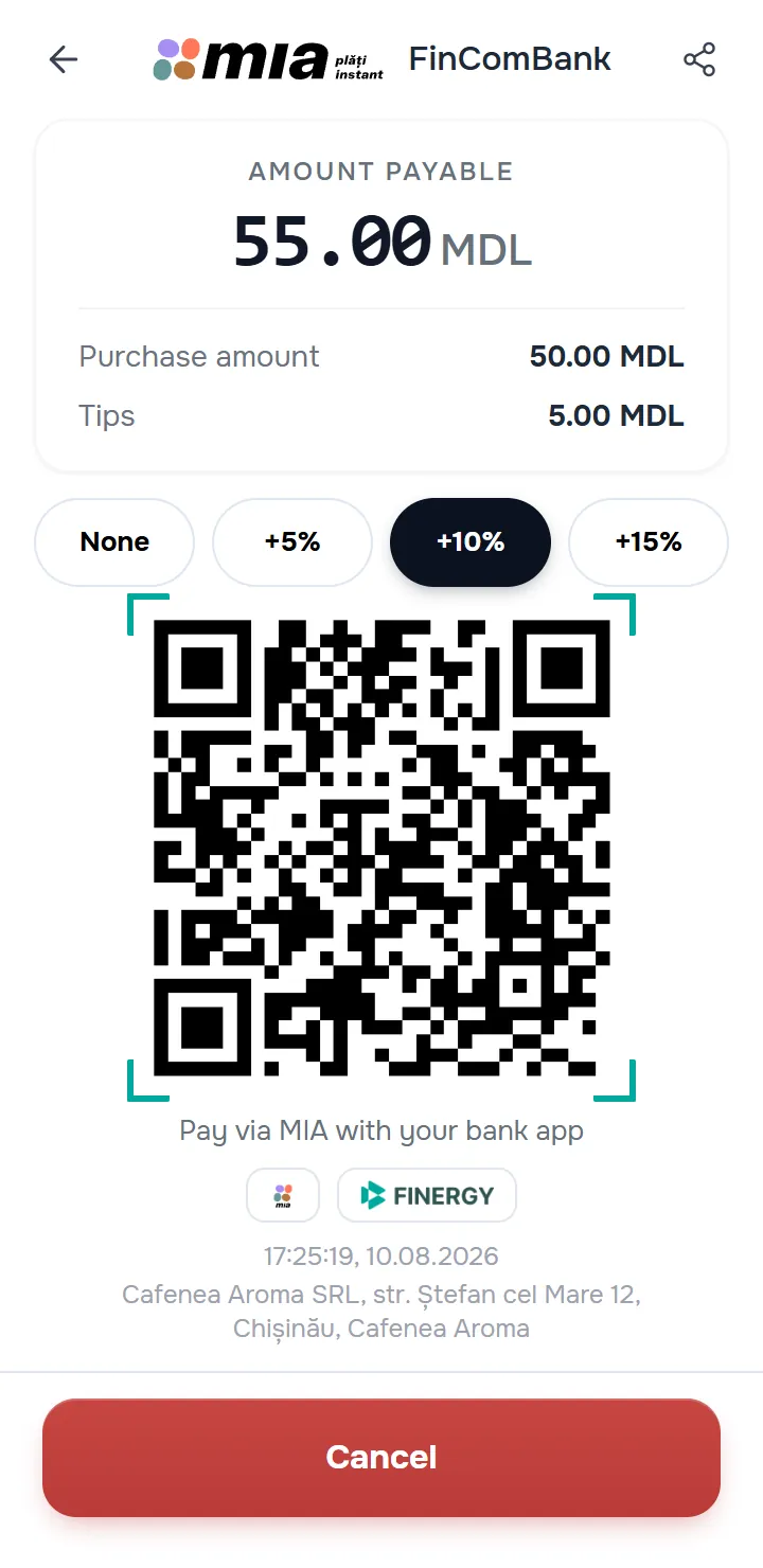 ecranul QR cu bacșiș activat — rândurile „Suma cumpărăturii” și „Bacșiș”, chipurile Fără / +5% / +10% / +15%.