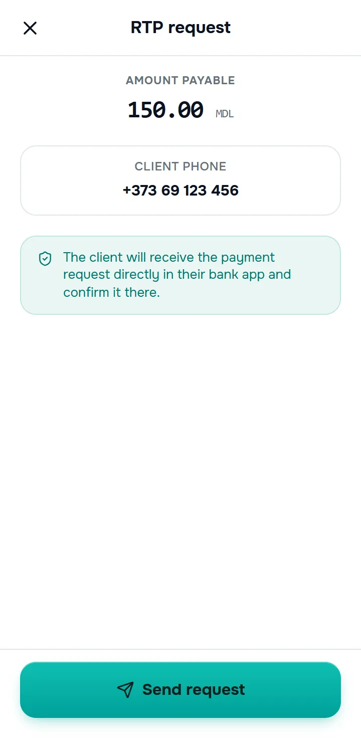 ecranul „Cerere RTP” — suma de plată, câmpul „Telefonul sau IBAN-ul clientului” cu un număr introdus (prefixul +373 apărut automat), plăcuța informativă, butonul „Trimite cererea”.