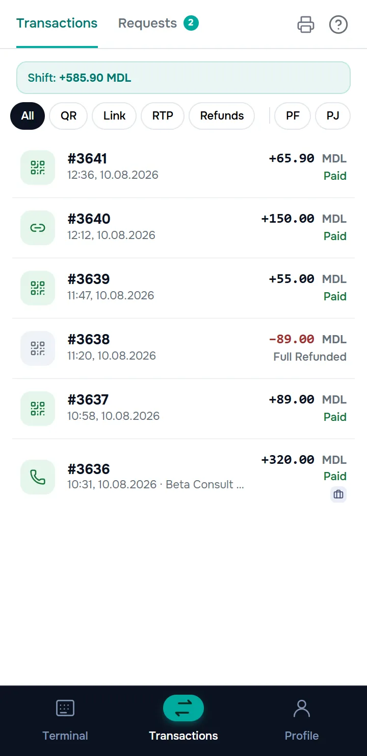 lista de tranzacții cu bara „Schimb: +… MDL”, chipurile de filtrare (Toate / QR / Link / RTP / Retur, PF / PJ), butoanele imprimantei și „?” pe bara filelor și câteva rânduri cu sume și statusuri.